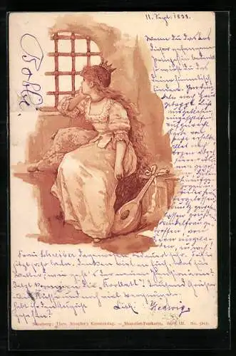 AK Edeldame blickt verträumt durch die Gitterstäbe am Fenster, Jugendstil