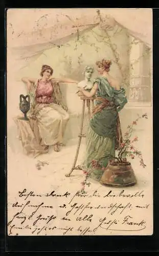 Künstler-AK Künstlerin meisselt Büste von Frau