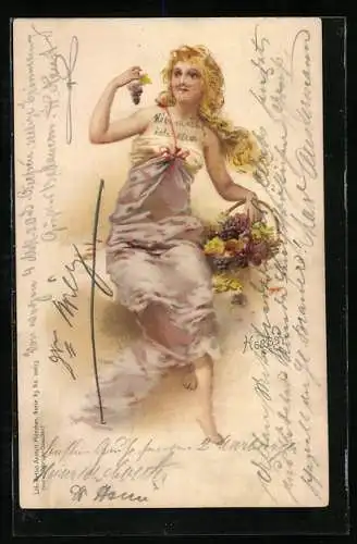 AK Allegorie fur den Herbst, Dame mit reifen Trauben