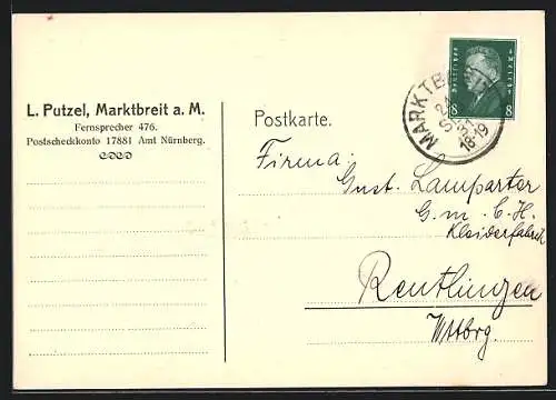 AK Marktbreit a. M., Firma L. Putzel, Mitteilung