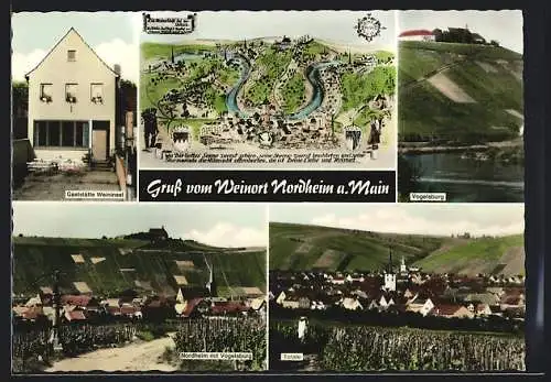 AK Nordheim am Main, Vogelsburg, Totalansicht, Ortsansicht mit Vogelsburg und Gaststätte Weininsel