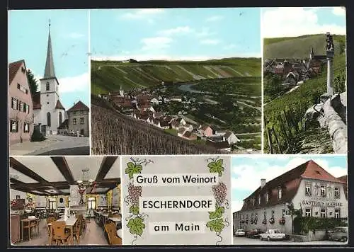 AK Escherndorf am Main, Ortsansicht, Gasthaus Zur Krone, Blick zur Kirche