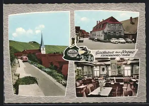 AK Escherndorf / Main, Gasthaus zur Krone, Ortsansicht mit Kirche