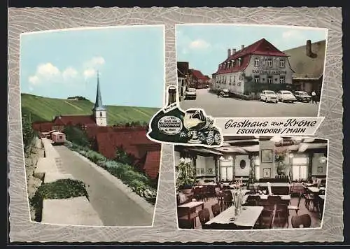 AK Escherndorf / Main, Gasthaus zur Krone, Ortsansicht mit Kirche