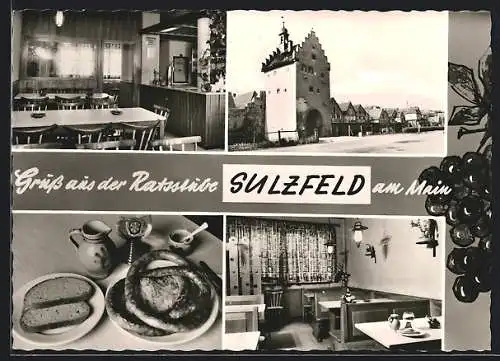 AK Sulzfeld a. M., Gaststätte zur Ratsstube L. Stark, Strassenpartie, Stilleben mit Würstchen