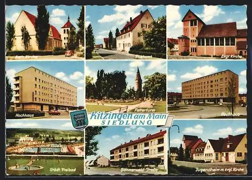 AK Kitzingen /Main-Siedlung, Kath. u. Ev. Kirche, Postamt, Hochhaus, Falterturm, Freibad, Böhmerwald-Str., Jugendheim