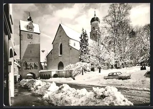 AK Isny im Allgäu, Wassertor und St. Nikolai im Winter