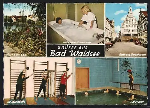 AK Bad Waldsee, Rathaus und Verkehrsamt, Partie am See, Unterwassermassage und Heilgymnastik, Hallenbad
