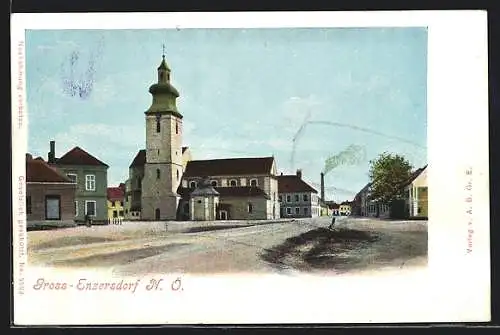 AK Gross-Enzersdorf, Marktplatz mit Kirche