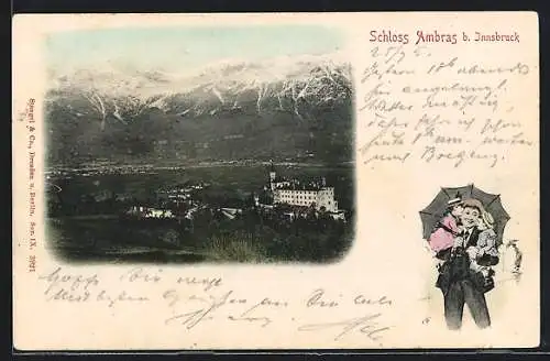 AK Innsbruck, Schloss Ambras, Mann mit Schirm hat zwei Kinder auf dem Arm