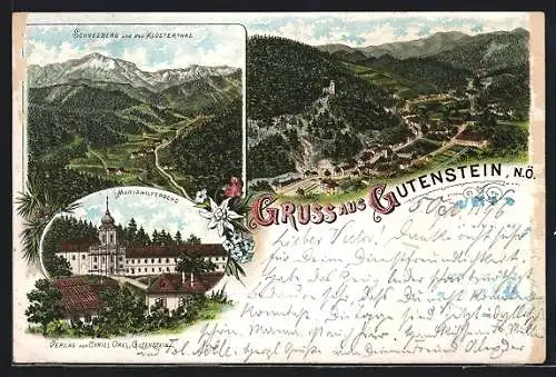 Lithographie Gutenstein, Schneeberg & das Klosterthal, Mariahilferberg, Ortsansicht aus der Vogelschau