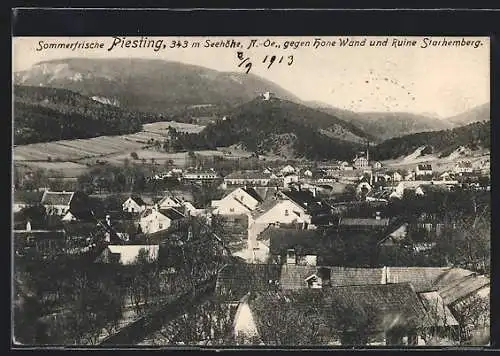 AK Piesting, Totalansicht gegen die Hohe Wand und Ruine Starhemberg