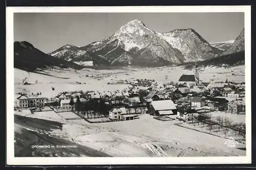 AK Gröbming, Ortsansicht mit Stoderzinken im Winter