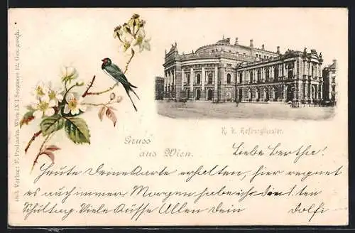 AK Wien, K. K. Hofburgtheater, Schwalbe auf Brombeerranke