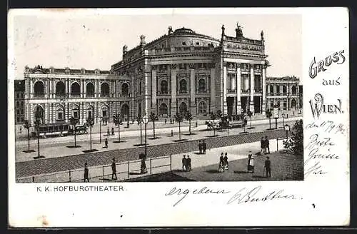 Lithographie Wien, K. K. Hofburgtheater, davor Pferdebahnen