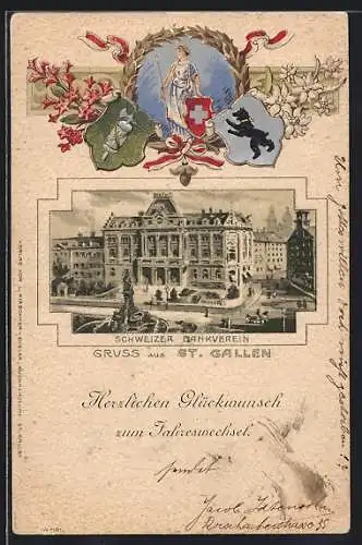 Lithographie St. Gallen, Bank Schweizer Bankverein, Wappen, Helvetia