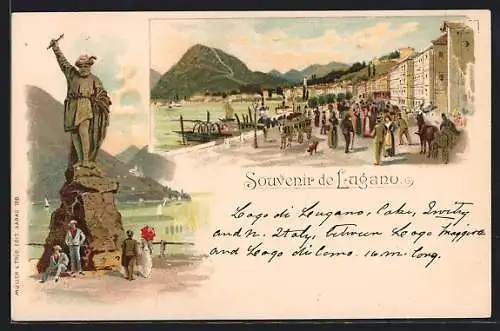Lithographie Lugano, Ortspartie am See mit William Tell Statue