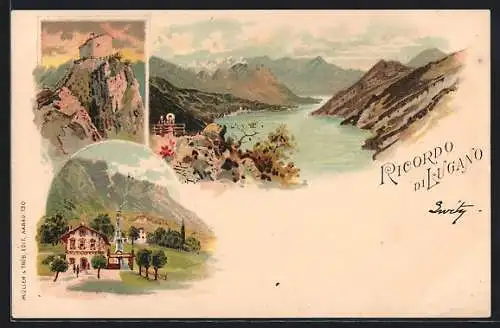 Lithographie Lugano, Panorama du Monte S. Salvatore, Hütten & Bergbahn