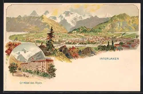 Lithographie Interlaken, Totalansicht aus der Vogelschau, Hotel des Alpes