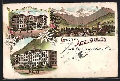 Lithographie Adelboden, Ortsansicht, Kurhaus und Hotel