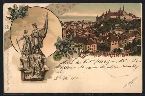 Lithographie Neuchatel, Stadtansicht und Republiks-Denkmal