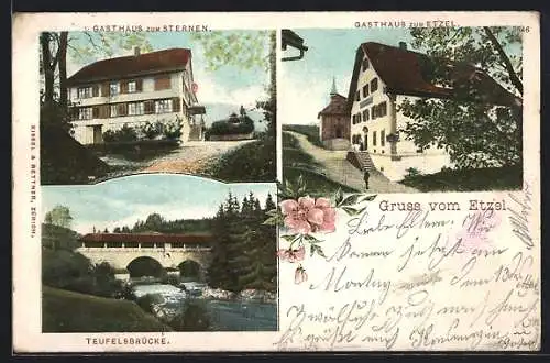 AK Einsiedeln, Gasthaus Zum Sternen, Teufelsbrücke, Gasthaus Zum Etzel