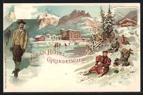 Lithographie Grindelwald, Bear Hotel