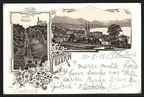 Lithographie Luzern, Teilansicht, Gütsch mit Eisenbahn