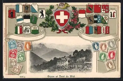 AK Gryon, Gryon et Dent du Midi mit Wappen der Kantone und Briefmarken