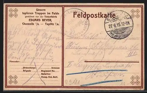 AK Chemnitz i. S., Tintenfabrik Eduard Beyer, Feldpostkarte