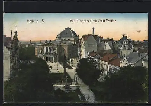 AK Halle / Saale, alte Promenade mit Stadt-Theater