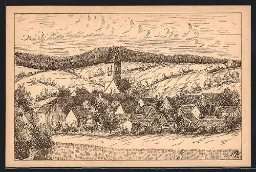 Künstler-AK Ostrach / Hohenzollern, Blick zum Ort