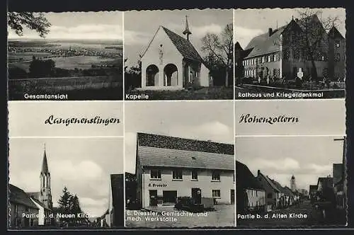 AK Langenenslingen /Hohenzollern, Gesamtansicht, Kapelle, Rathaus und Kriegerdenkmal, neue und alte Kirche