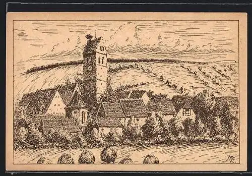 Künstler-AK Ostrach /Hohenzollern, Ortsansicht mit der Kirche