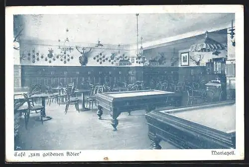 AK Mariazell, Café Zum goldenen Adler, Gastraum mit zwei Billiardtischen