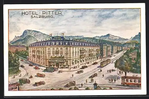 Künstler-AK Salzburg, Kreuzung am Hotel Pitter, mit Strassenbahnen