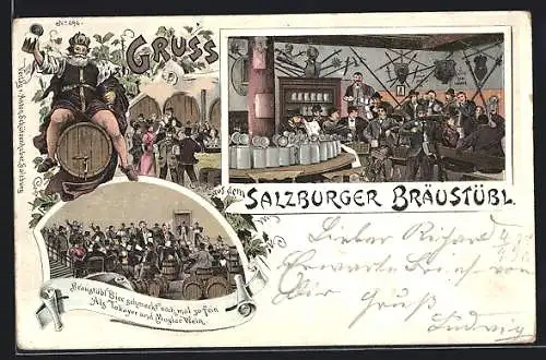 Lithographie Salzburg, Szenen aus dem Bräustübl, Bierkönig
