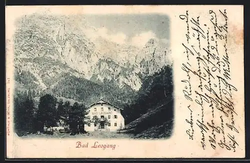 AK Bad Leogang, Ortsansicht gegen das Gebirgsmassiv