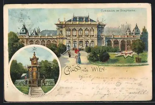 Lithographie Wien, Cursalon im Stadtpark, Wetterhäuschen