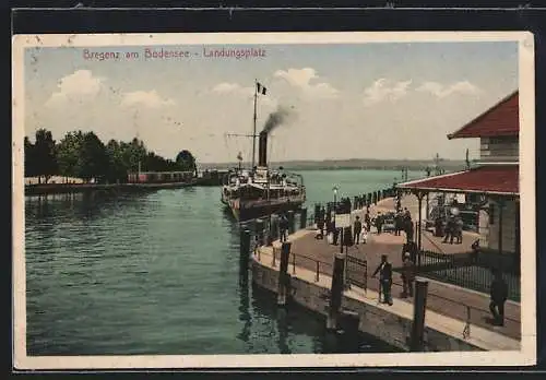 AK Bregenz am Bodensee, Landungsplatz mit Dampfer