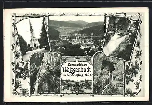 AK Weissenbach an der Triesting, Herz-Jesukirche, Steinwandklamm, Mirafälle