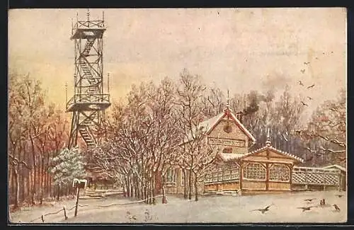 Künstler-AK Wien-Ottakring, Auf der Vogeltennwiese, Haus und Aussichtsturm im Winter