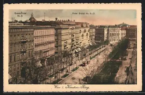 AK Wien, Kärntner-Ring mit Grand-Hotel Nr. 9, Hotel Bristol Nr. 5-7 und Strassenbahn