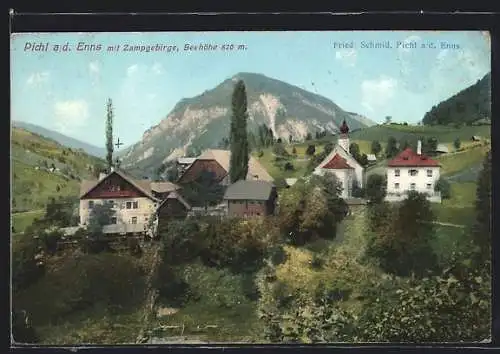 AK Pichl a. d. Enns, Ort mit Kirche und Zampgebirge