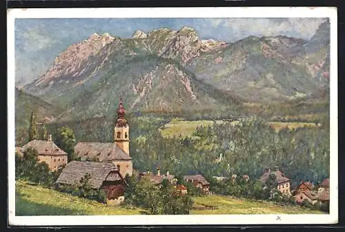 Künstler-AK Haus im Ennstal, Ortspartie mit Kirche