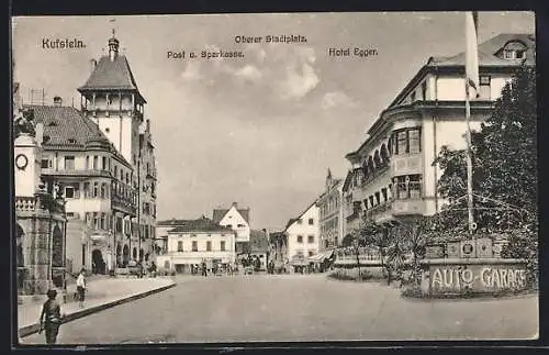AK Kufstein, Post u. Sparkasse und Hotel Egger am Oberen Stadtplatz