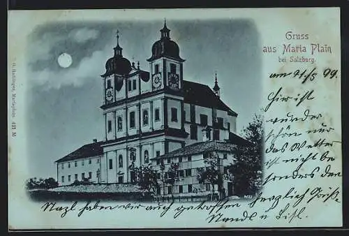 Mondschein-AK Maria Plain bei Salzburg, Blick zur Kirche