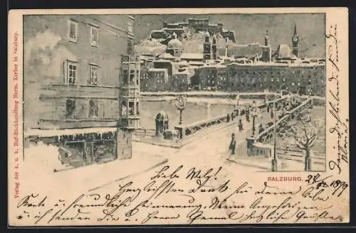 Lithographie Salzburg, Strassenpartie mit Festung im Winter