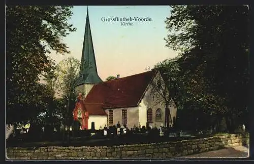 Goldfenster-AK Grossflintbek-Voorde, Kirche mit leuchtenden Fenstern
