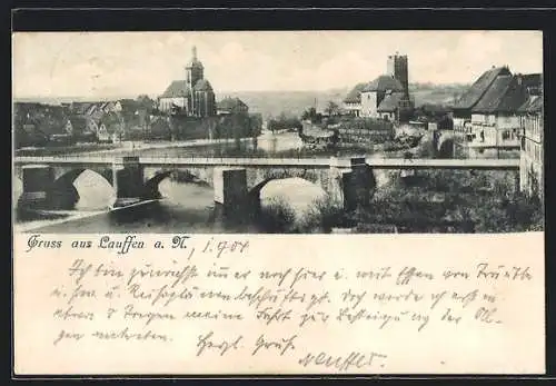 AK Lauffen a. N., Uferpartie mit Kirche und Brücke